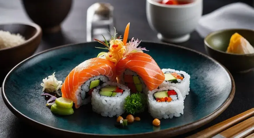 Wykwintne rolki sushi z łososiem, awokado i warzywami, podane z pikantnym dodatkiem do sushi.