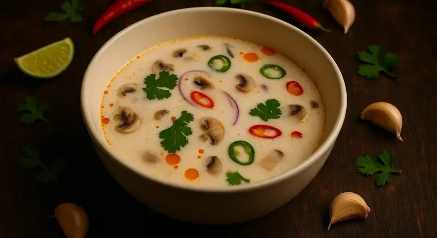 Aksamitna zupa tom kha z grzybami, chili i kolendrą. Idealny przepis na rozgrzewający posiłek.