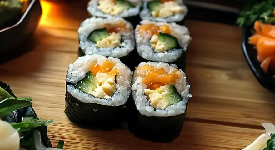 Świeże sushi z awokado, ogórkiem i łososiem, ułożone na drewnianej desce.