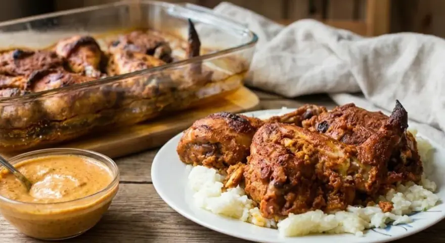 Pyszny kurczak garam masala przepis na talerzu z ryżem i sosem. W tle pieczony kurczak w naczyniu żaroodpornym.