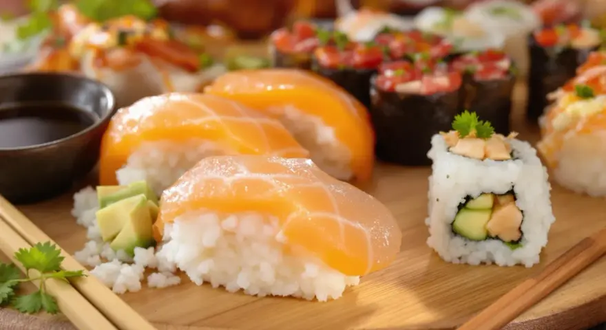 Pyszne sushi z łososiem i awokado, idealne na lekki posiłek. Zastanawiasz się nad sushi w tempurze kcal? To danie jest świetną alternatywą.