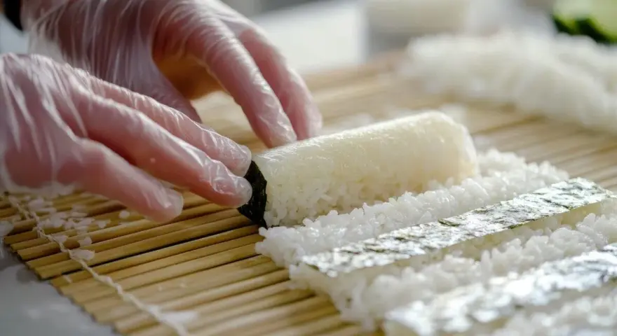 Ręce w rękawiczkach formują ryż na macie bambusowej. Przygotowanie zaprawy do sushi na 500g ryżu.