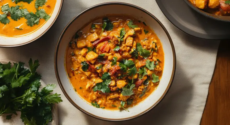 Aksamitne curry z tofu, pełne aromatycznych przypraw i świeżej kolendry, podane w misce.