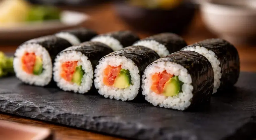 Rzędy sushi z łososiem i awokado, owinięte w ciemną, błyszczącą nori.