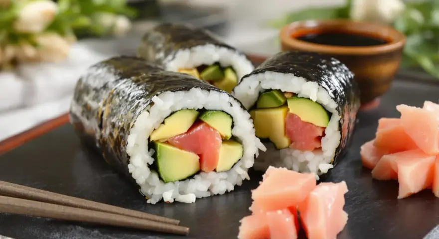 Trzy rolki maki sushi z łososiem i awokado, podane z imbirem i sosem sojowym. Pyszne maki sushi co to? To idealna przekąska!