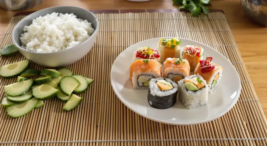 Kolorowe rolki sushi bez nori z łososiem, awokado i innymi dodatkami. Obok miska ryżu i pokrojony ogórek.