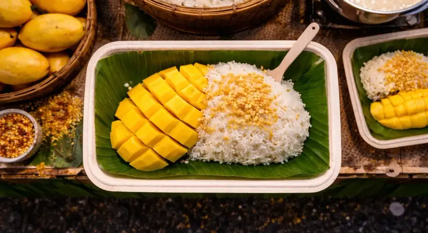 Pyszny mango sticky rice przepis: ryż z mleczkiem kokosowym, świeże mango i chrupiące prażone ziarna. Idealny deser.