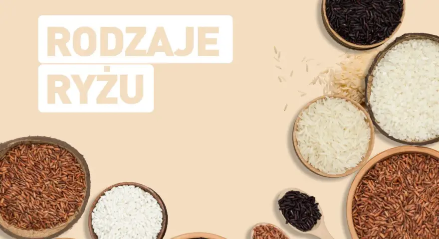 Różne rodzaje ryżu: biały, czarny i brązowy, w miseczkach i na łyżkach.