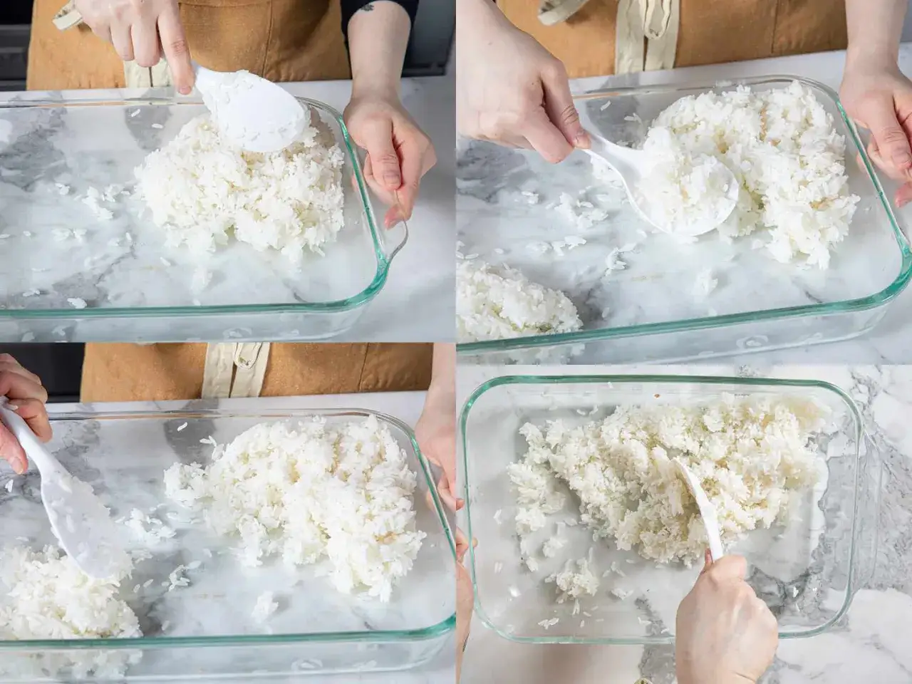 Przygotowanie ryżu do sushi: rozsypywanie go na tacce, by ostygł. To kluczowy krok w każdym przepisie na zaprawę do sushi.