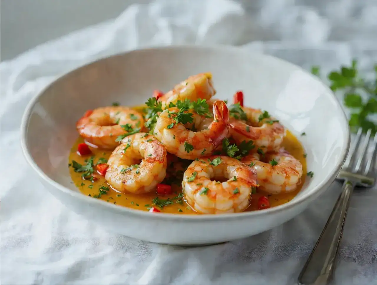 Krewetki w sosie z chili i pietruszką. Idealne przyprawy do krewetek podkreślają ich smak.