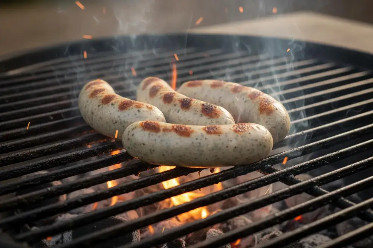 Cztery białe kiełbaski rumienią się na grillu. Dym unosi się, a iskry tańczą nad żarem. Ciekawe, ile waży jedna kiełbasa?