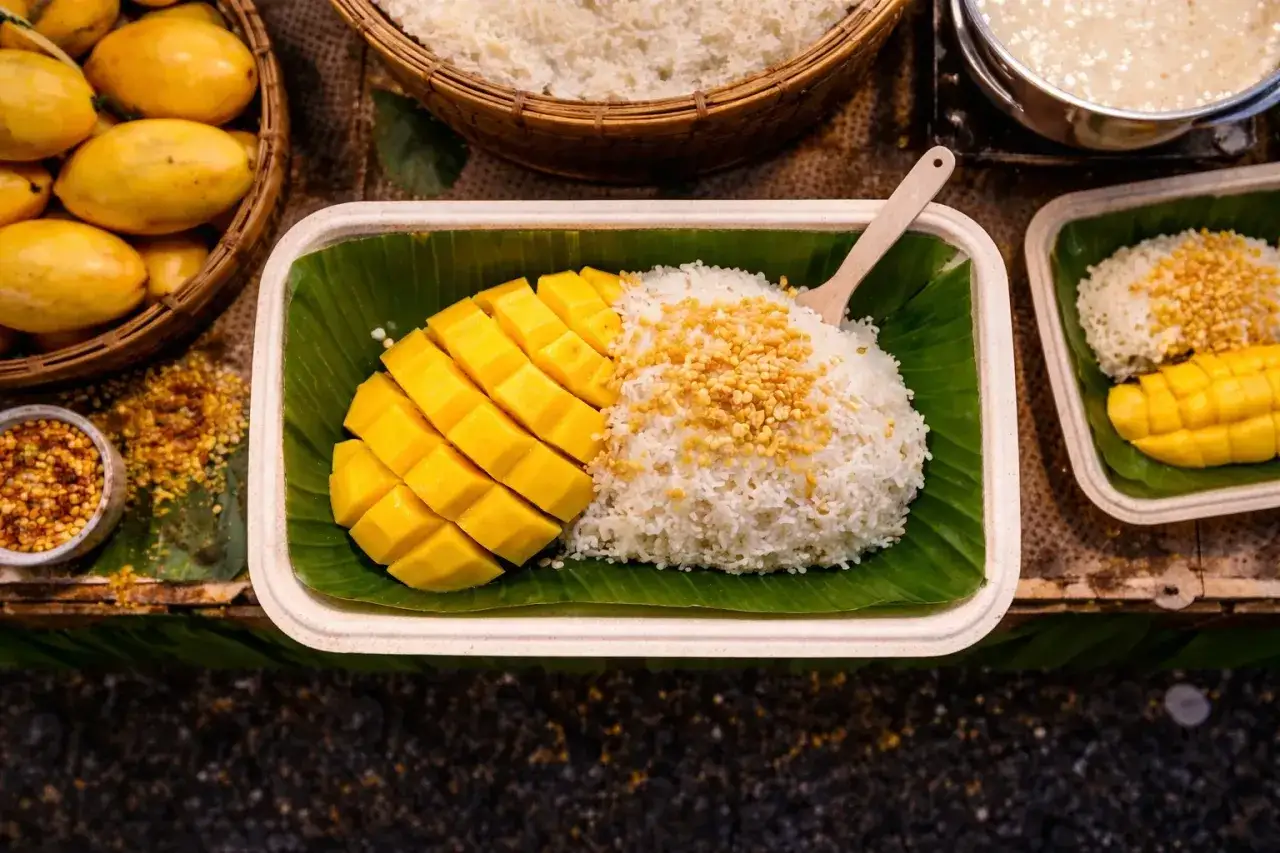 Pyszny mango sticky rice przepis: ryż z mleczkiem kokosowym, świeże mango i chrupiące prażone ziarna. Idealny deser.