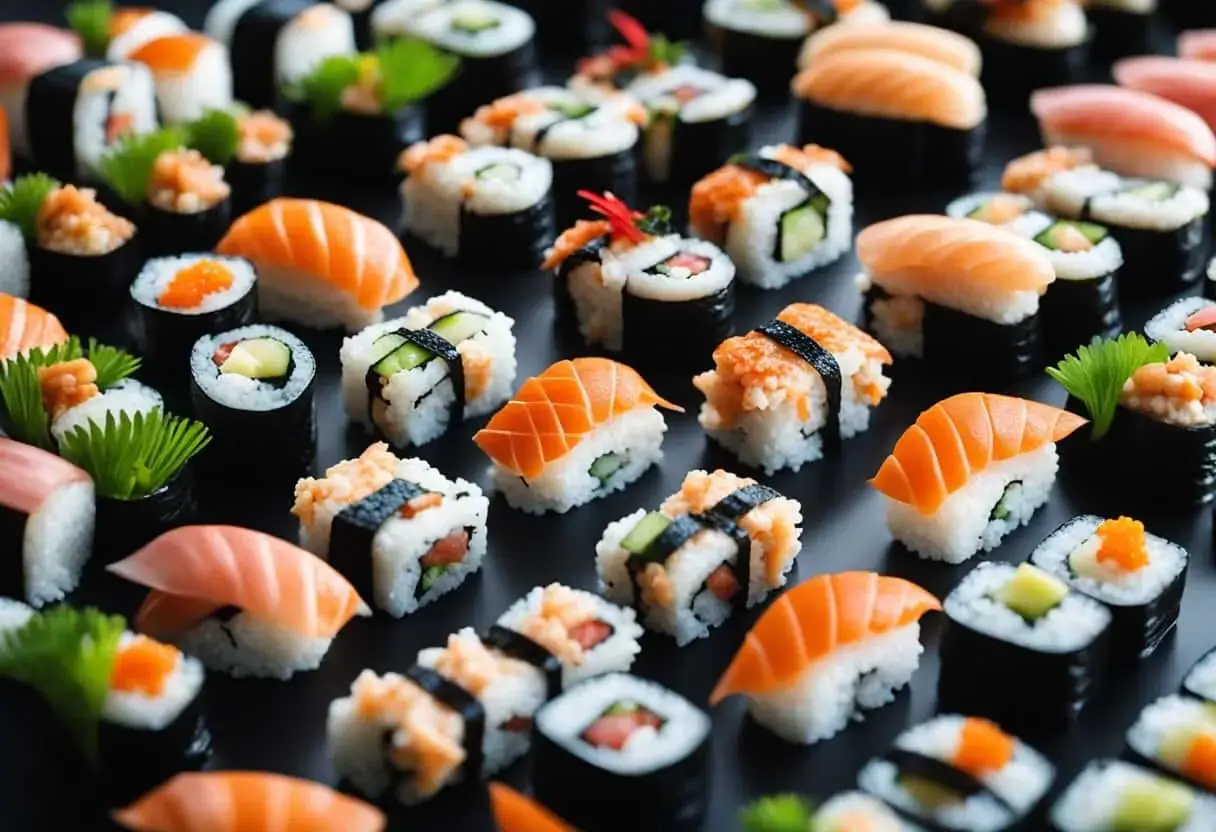 Różnorodne sushi, od nigiri z łososiem po maki z ogórkiem, przypomina o tym, z jakiego kraju pochodzi sushi – Japonii.