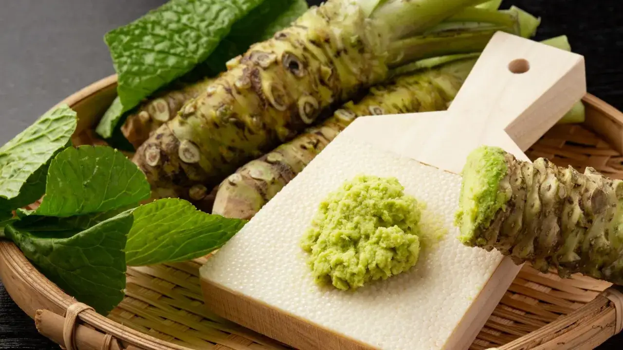 Świeżo starty wasabi na desce. Czy wasabi jest zdrowe? Tak, zawiera cenne składniki.