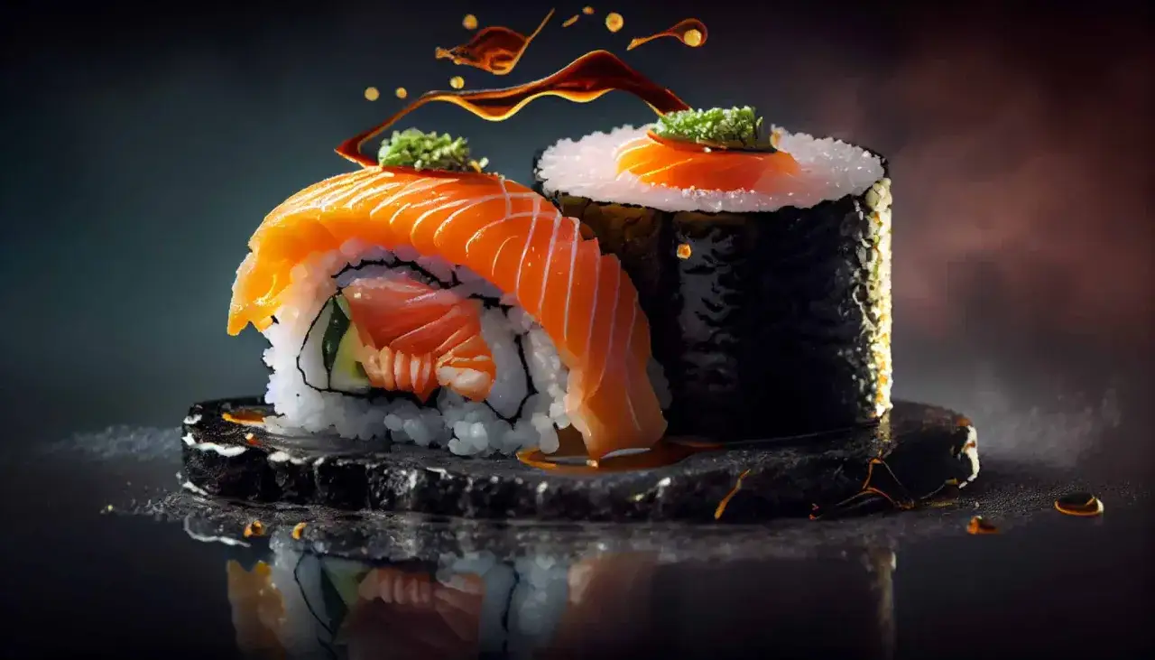 Dwa kawałki sushi z łososiem i ryżem, ozdobione zielonymi dodatkami. To danie, z jakiego kraju pochodzi sushi, wygląda apetycznie.