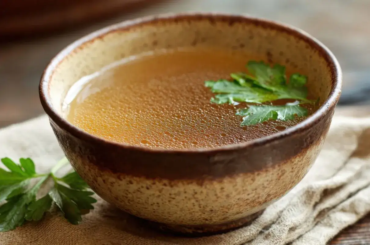 Aromaticzny bulion drobiowy w misce, ozdobiony natką pietruszki. Idealny przepis, jak zrobić bulion drobiowy.
