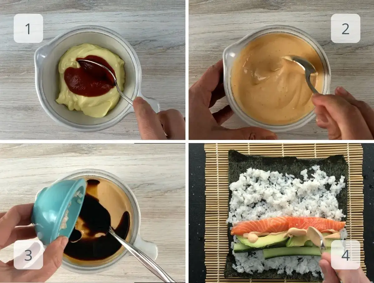 Przygotowanie sosu majonezowego do sushi: mieszanie składników, dodawanie sosu sojowego i tworzenie rolki z łososiem i awokado.