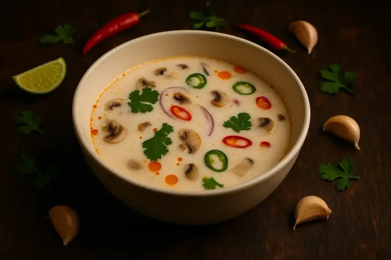 Aksamitna zupa tom kha z grzybami, chili i kolendrą. Idealny przepis na rozgrzewający posiłek.